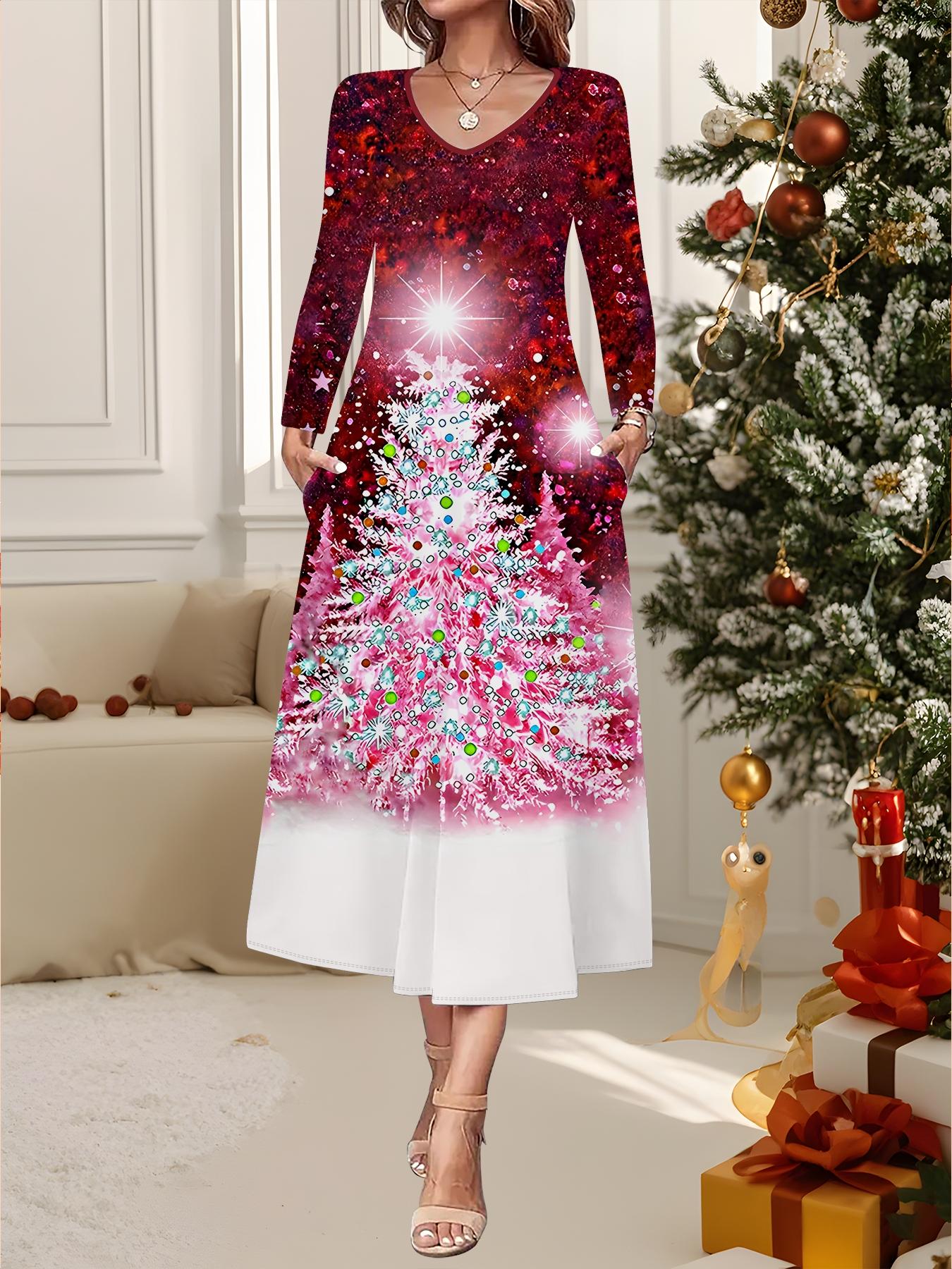 

2025 Осень и Зима Новое Женское Повседневное Модное Платье 3D Принт Снеговика Длинный Рукав V-образный Вырез А-силуэт Рождественский Подарок XXL розовый