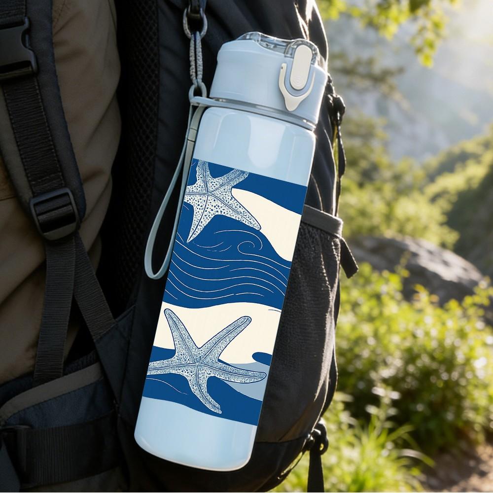 1PC Blue Wave Starfish Pattern 750ml Color Plastic Sports Water Bottle Leakproof Flip Straw Lid Suitable for Sports Office Home Use