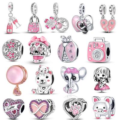 Lovely Pink Girls Heart Pendant Beads For Original Panjia  Sterling Tone Charm Bracelets Women Diy Fine Jewelry MakerFashion Pendant