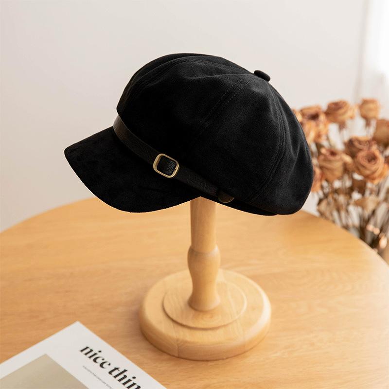 New Fashion Retro British Style Spring Autumn Suede Beret Women'S Versatile Octagonal Newsboy Cap For Big Head Circumference Hat