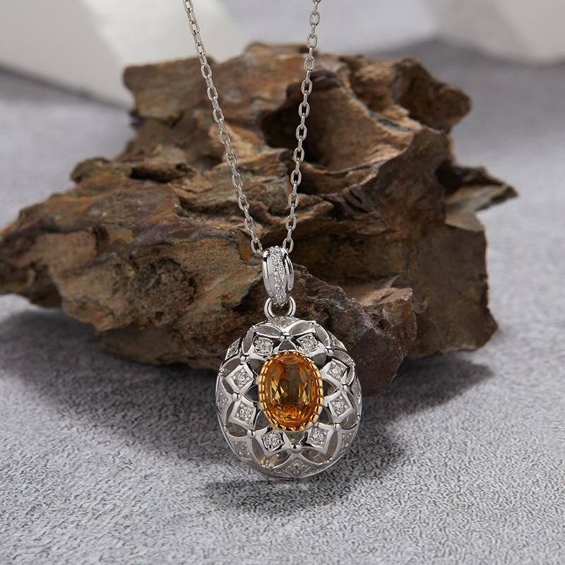 S925 Sterling Silver Natural Citrine Peridot Garnet Topaz Colored Treasure Necklace Women'S Oval Pendant