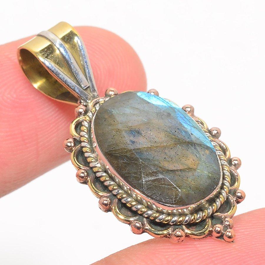 Natural Labradorite TwoTone 925 Solid Sterling Silver Jewelry Pendant 1.50" D7T86
