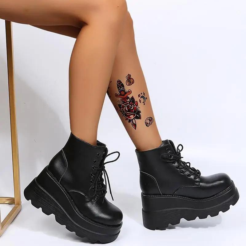 Fashion Patent Leather Womens Boots Wedge Heels Female Ankle Boots Non-slip Lace-up Platform Shoes British Style Women Shoes Trend Botas