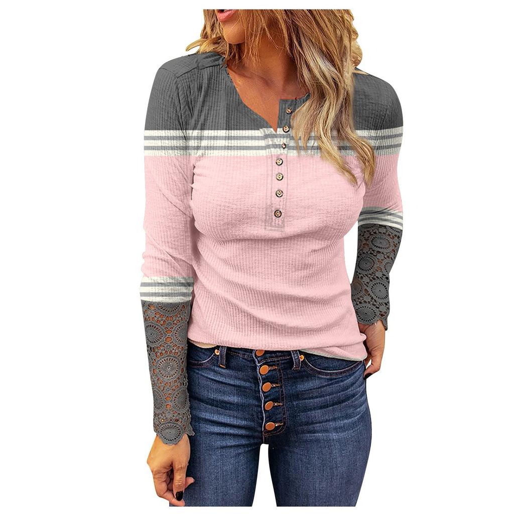 Women Fashion Patchwork Printing Lace Long Sleeve Casual Button Pullover Sweatshirt Top