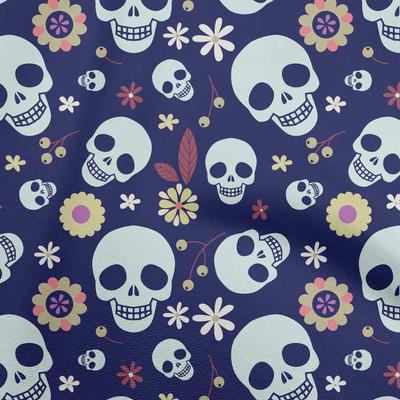 Cotton Flex Stoff, mittelblau, Totenkopf-Kleiderstoff, bedruckter Stoff, Meterware, 40 Zoll