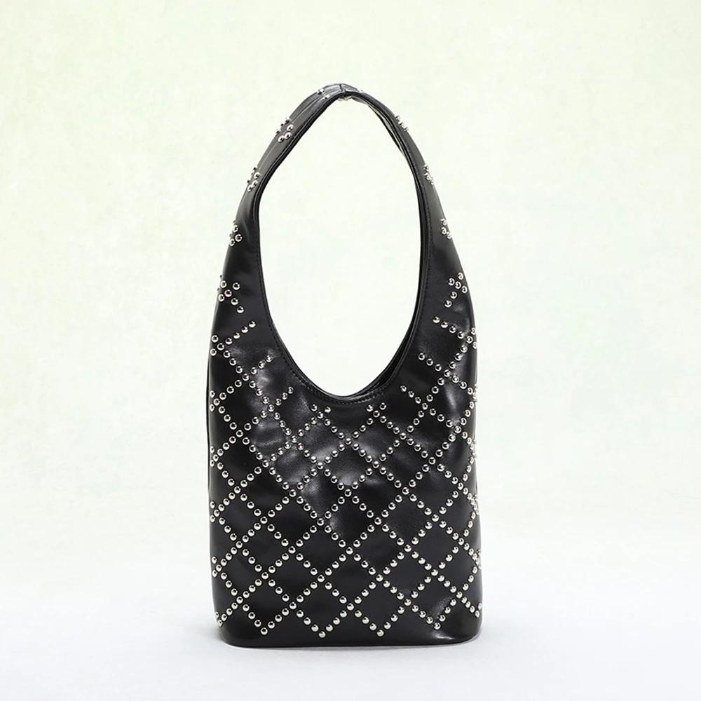 Leopard Rivet Bucket Bags for Women Handbags Luxury Designer Soft Shoulder Bag Punk Studded Shopper Purses Female Clutch Tote