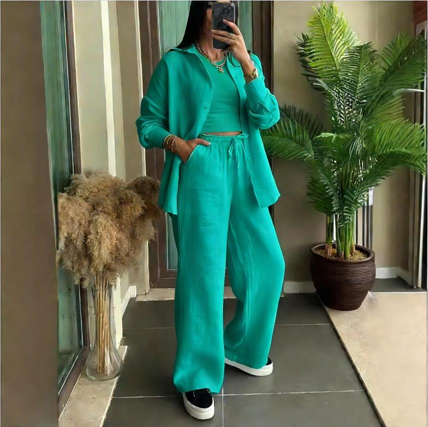 Spring Fashion Women's Plus Size Two-Piece: Linen-Style Shirt & High-Waisted Loose Pants