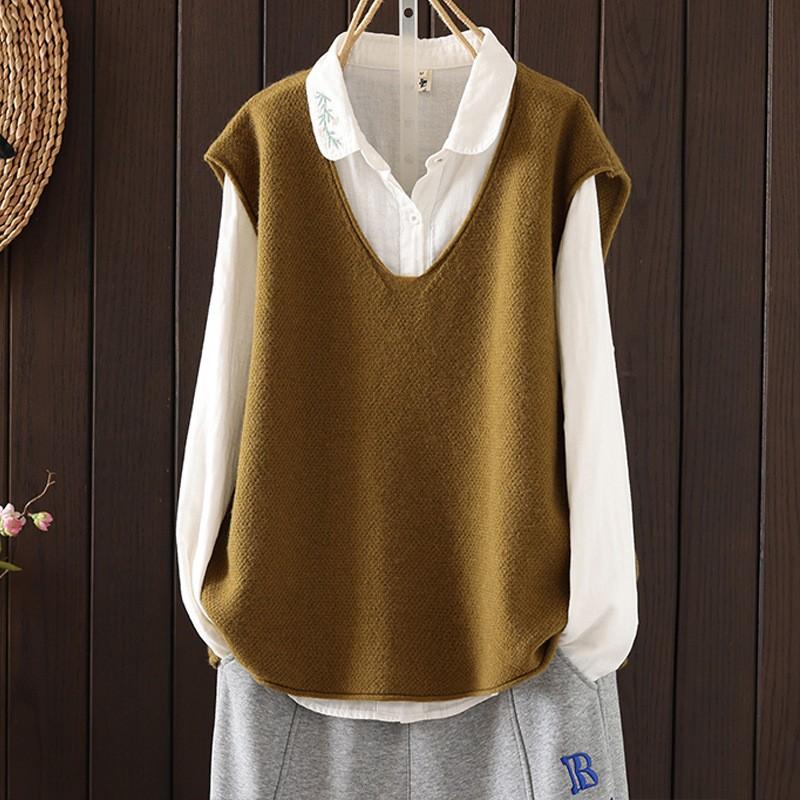 

Womens Artistic Knit Vest Deep V Neck Loose Fit Sleeveless Sweater Layering Piece One Size дубильна кора