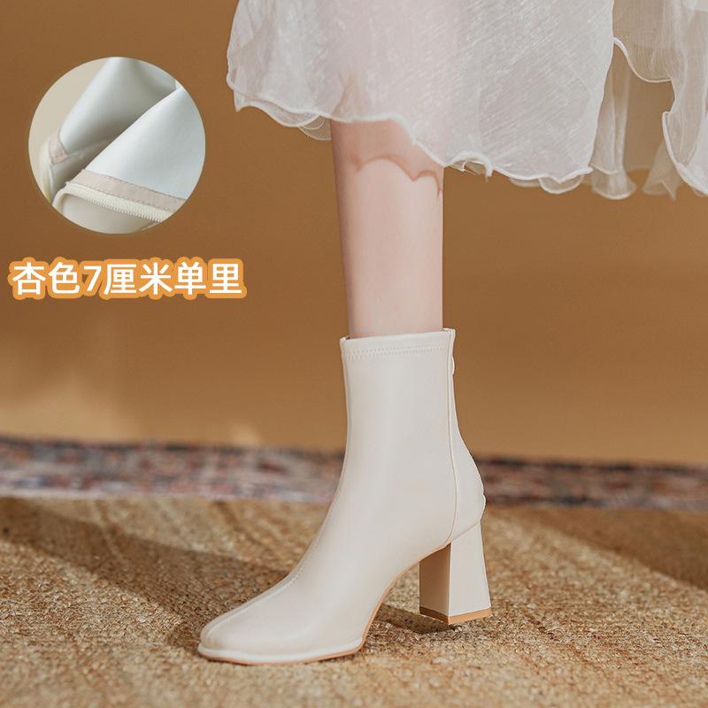 

Leather thick heel high heel boots women s autumn and winter velvet new thin boots with skirt white short boots 34 абрикосовый