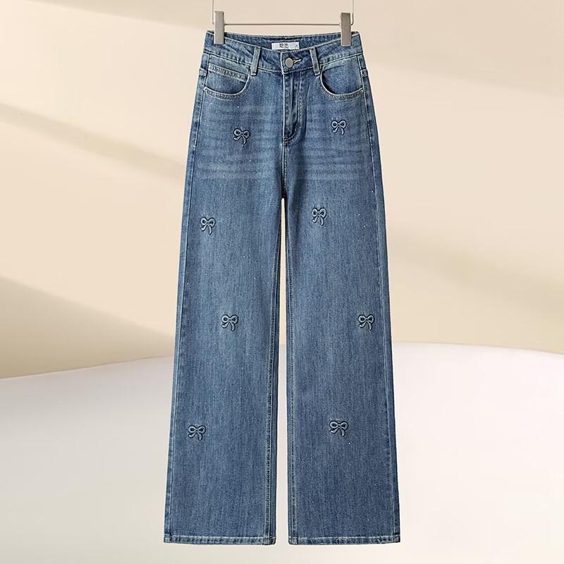 Tachi Women's Embossed Rhinestone Bowknot High-Waist Straight Leg Jeans