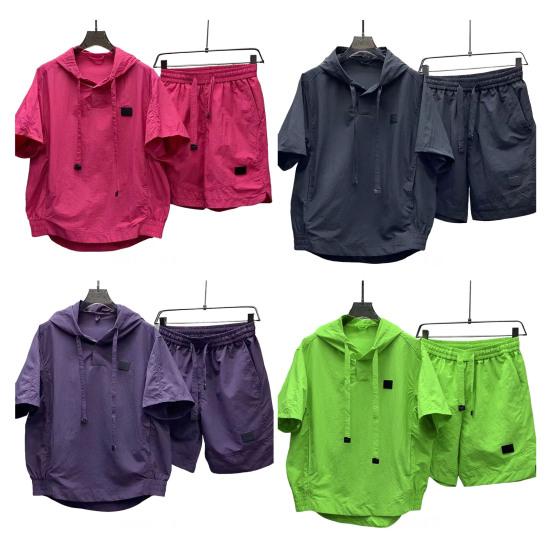 2Pcs/Set Men Summer Outfit Hooded Drawstring Short Sleeve Tops Elastic Waist Pockets