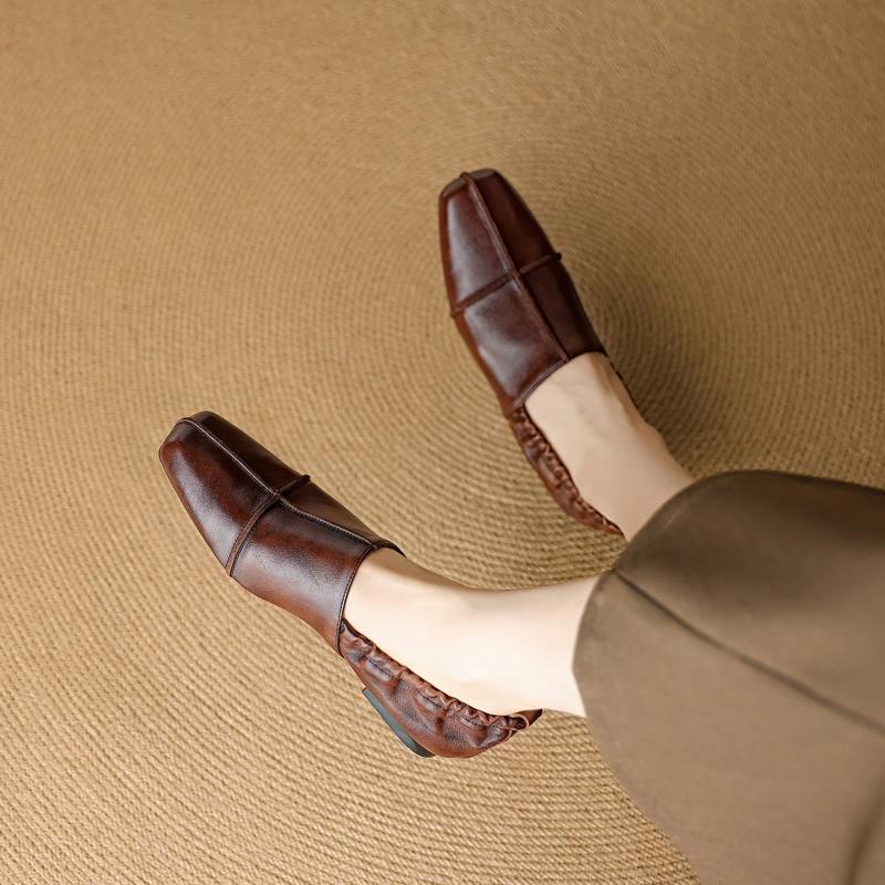 Fashion 2025 NEW Autumn Women Loafers Genuine Leather Women Shoes Square Toe Chunky Heel Shoes Women Flats Soft Ladies Shoes