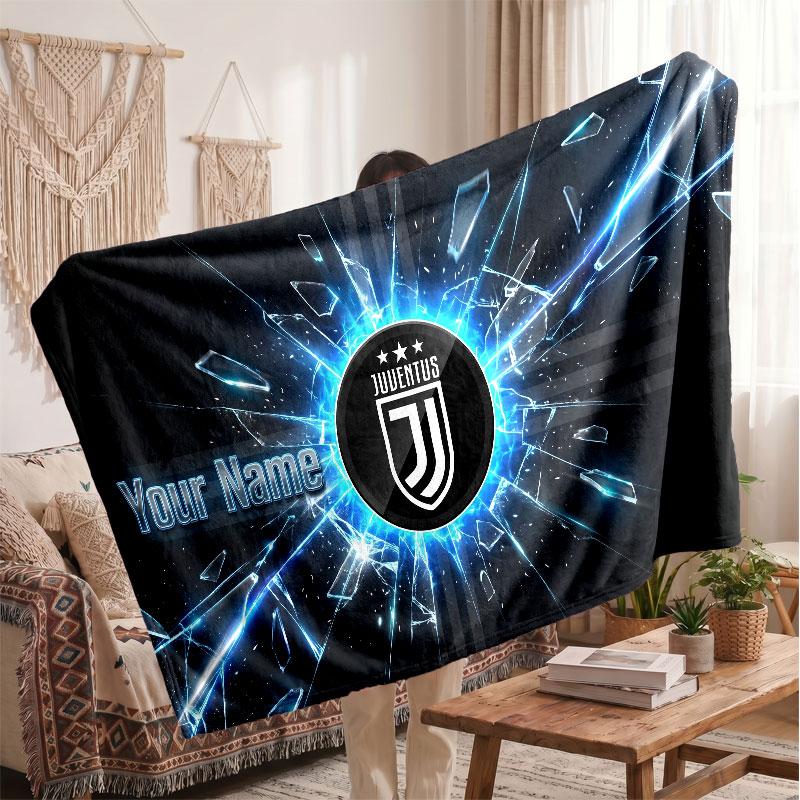 Juventus FC Personalized Fleece Blanket With Football Logo, Custom Name Text Soft Warm Home Throw Blanket