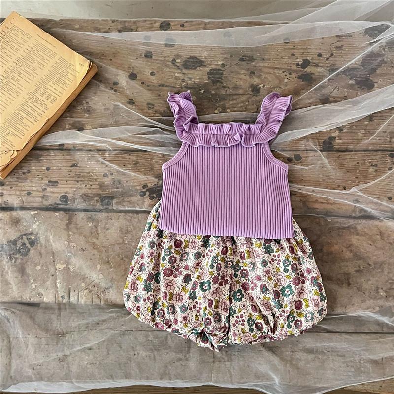 

Літній комплект жилетів із квітковим принтом для дівчинки, бавовняний топ без рукавів + вільні шорти, одяг для дівчаток 100