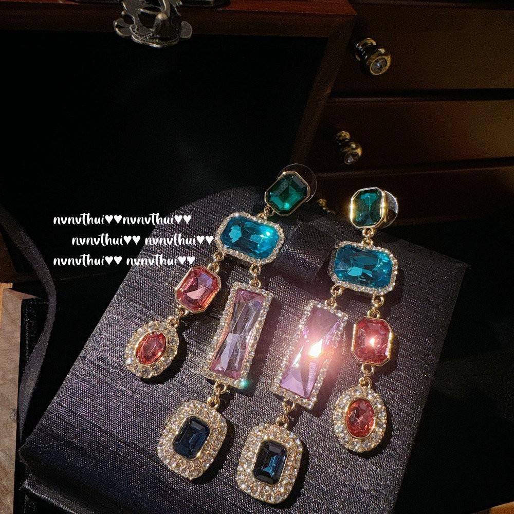 Tourmaline Abacus Rainbow Water Drop Gemstone Earrings, Antique Feeling, Plated With 18K Gold, Water Blue Sugar Cube Zircon Earrings Combination