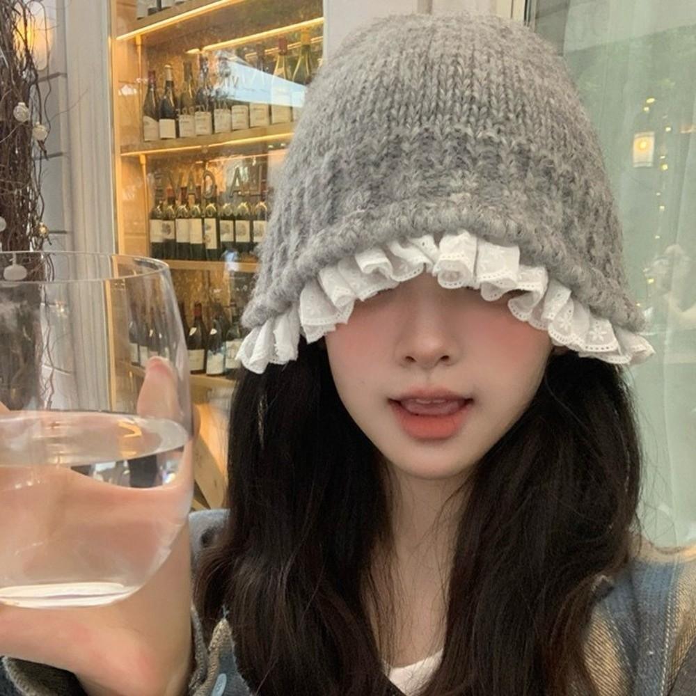 Lace Trim Women Bucket Hat Solid Color Beanie Hat Retro Knitted Fisherman Hat  Women
