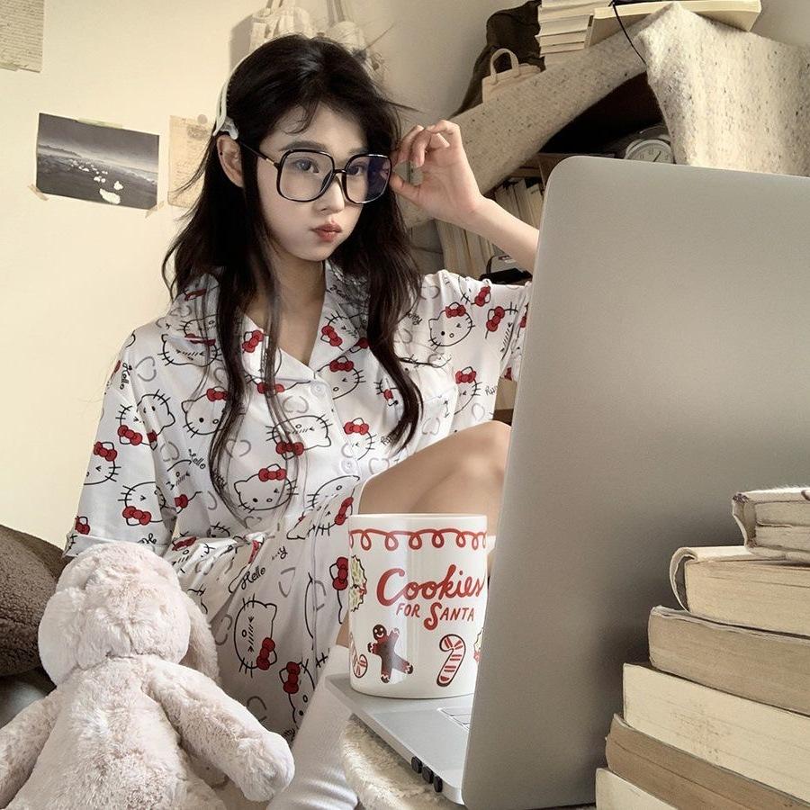 

White full print kitten pajamas women s summer new ins style cute short sleeves shorts loungewear suit can be worn outside S recommended weight 35-40kg