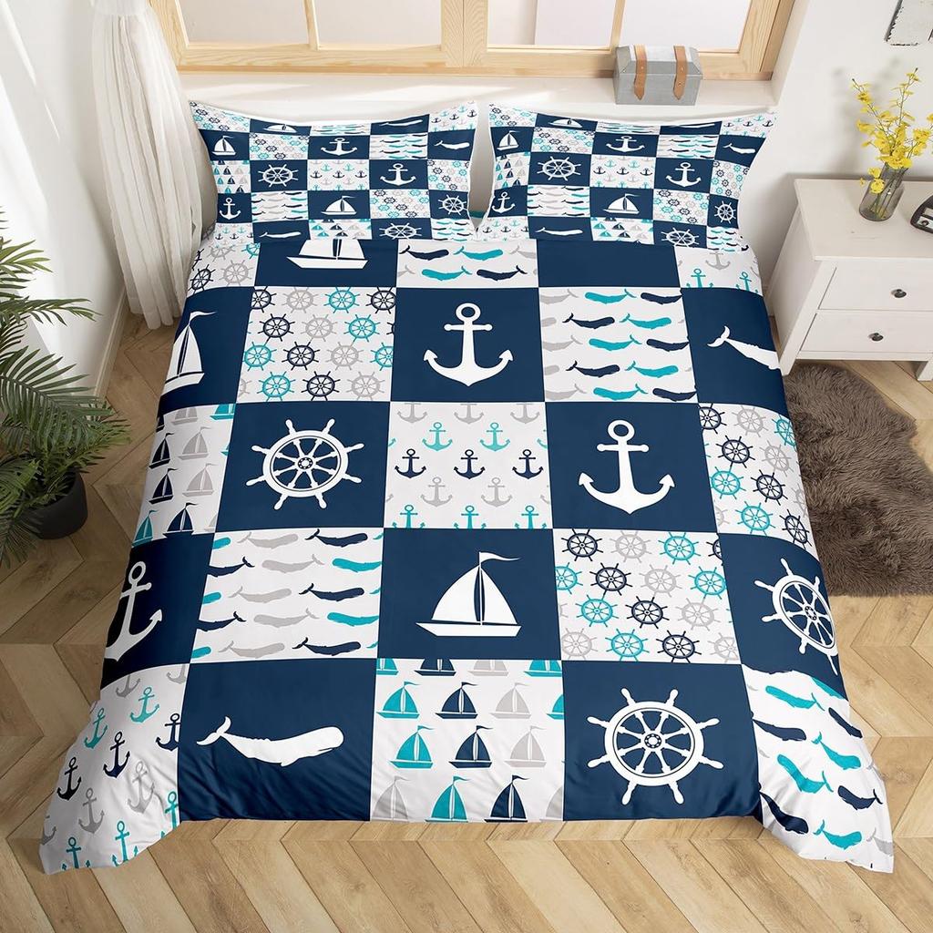 whale and Anchor duvet cover set for teens kids boys queen Lightweight Bedspread Cover bedroom Decor Navy Blue Ocean Bedding Set