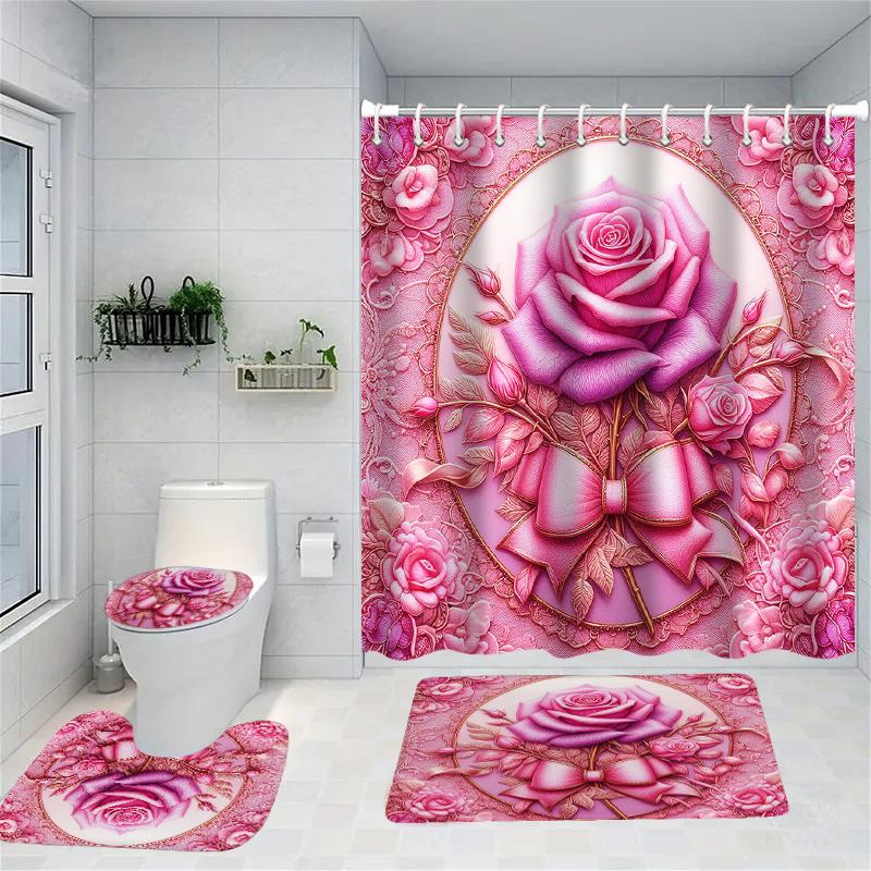 

2D Printing Butterfly Floral Shower Curtain Bath Sets Waterproof Non-Slip Bathroom Rug Toilet U With 12 Hooks Home Deco W60H190(CM)-1 Pcs