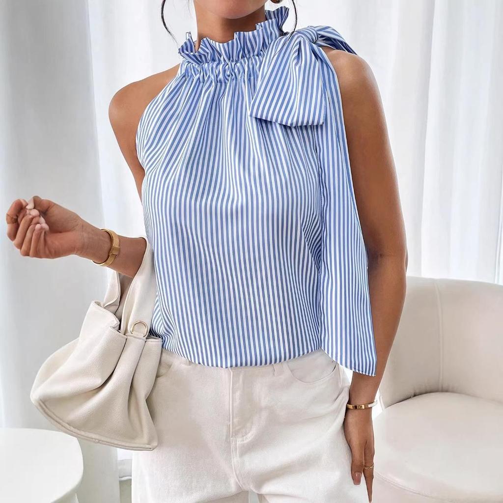 Haut sans manches rayé en dentelle à col haut et nœud papillon - Mode européenne et américaine (Meilleure vente 2026)