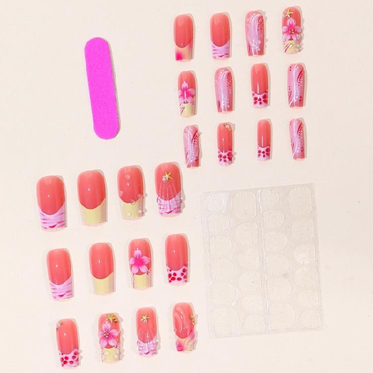 Photo Ready Press On False Nail Set, Pink French Floral Beads Art Detail with 24Pieces, 12 Inclusive Size, and Glossy Finish
