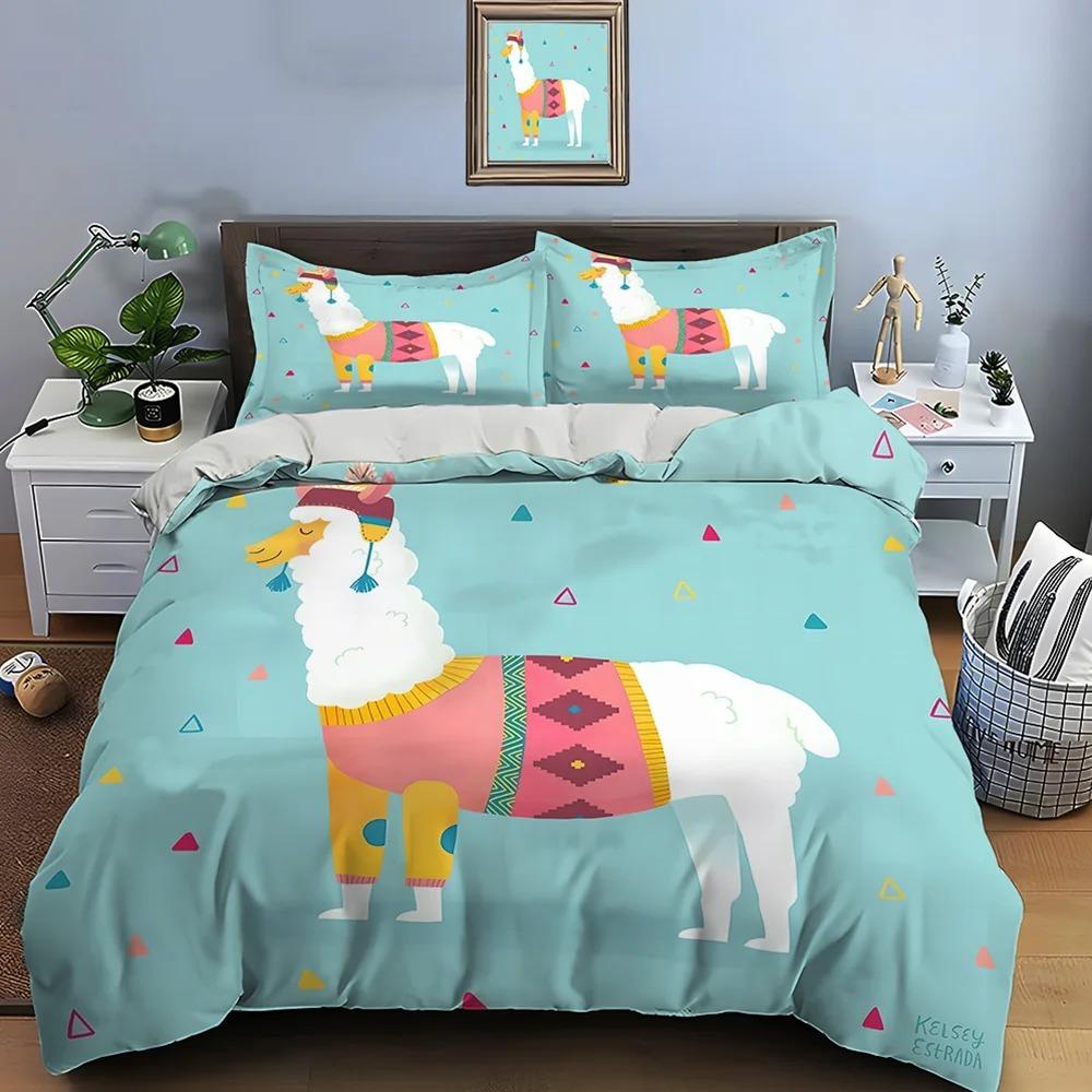 Cute Cartoon Llama Alpaca Print Bedding Set 1 Duvet Cover 1/2 Pillowcases Adult and Children Bedding Set Luxury Gifts