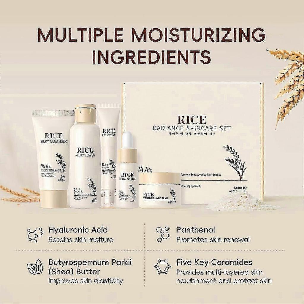 Koreanisches Hautpflege-Set, Glass Skin Pflege-Set, Reis-Hautpflege-Set - Reisreiniger, Toner, Serum, Creme, Augencreme, Gesichts-Set für strahlende Haut, G