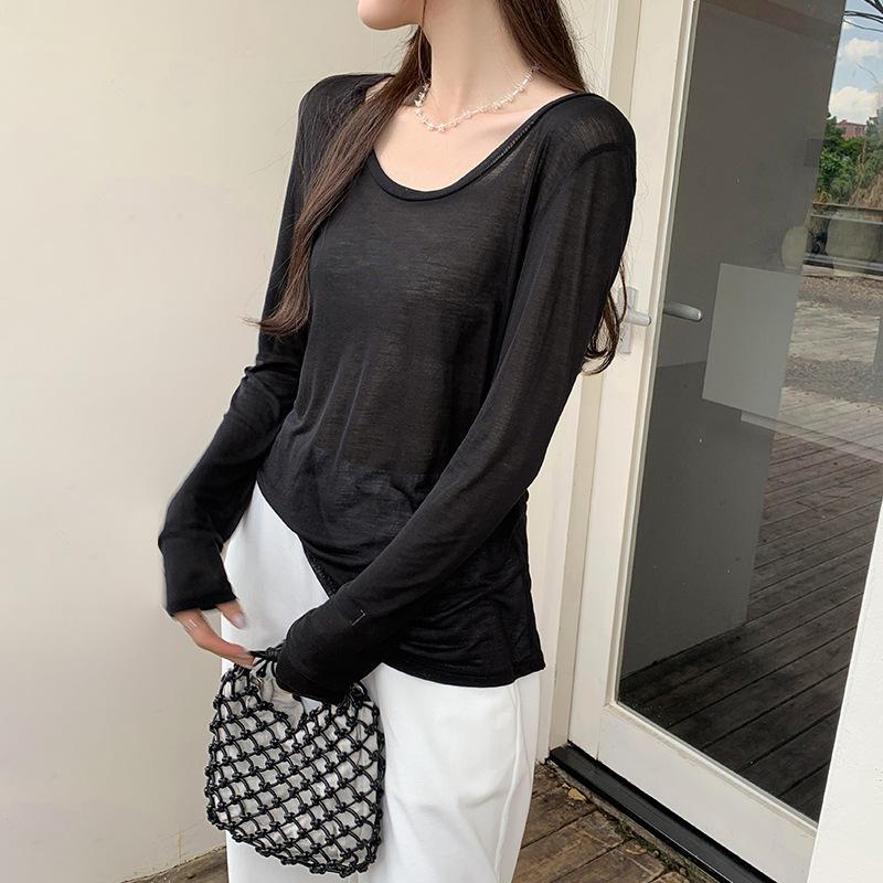 Loose and Lazy Style Ice Silk Thin Long-sleeved Sun Protection Blouse T-shirt for Women Early Autumn New Skin-friendly Temperament Inner Top
