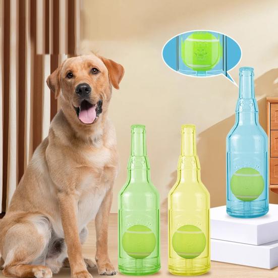 Dog Water Bottle Toy Interactive Dog Chew Toy Plastic Squeaky Bottle Teething Toy with Tennis Ball for Aggressive Chewers