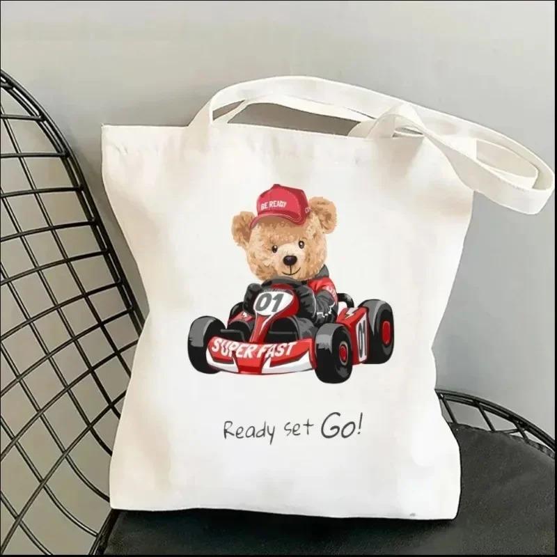 Harajuku Cute Bear Art Shoulder Bags Kawaii Tote Handbag Canvas Girl Environmental Large Capacity Portable Shopping Bag