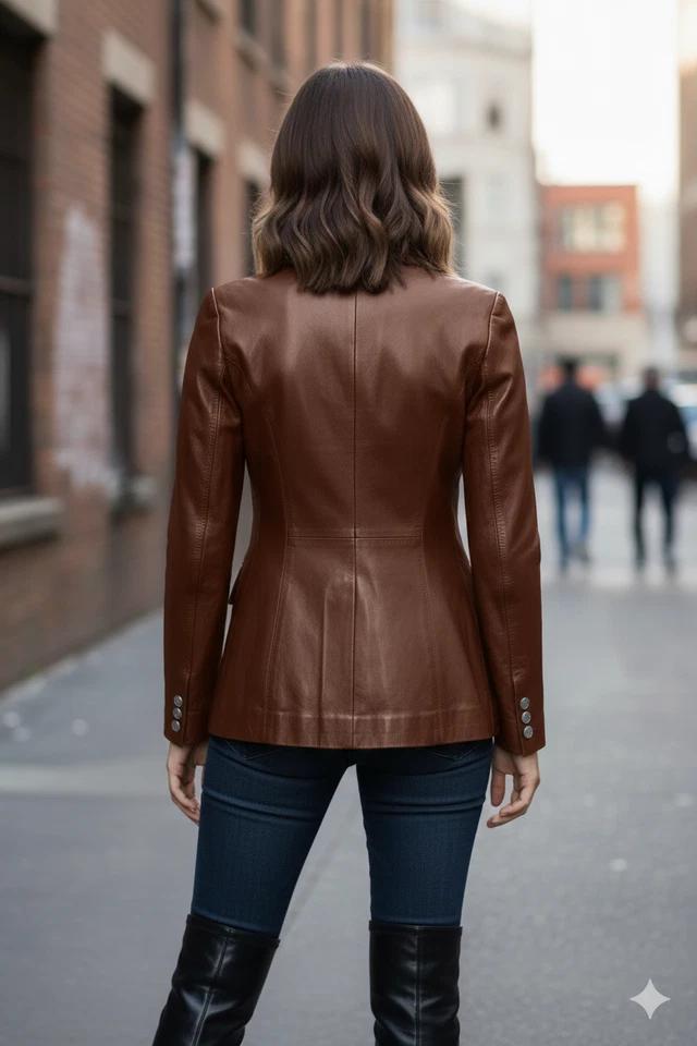 Women's Handmade Genuine Stylish Lambskin Blazer Office Formal Wear Leather Brown