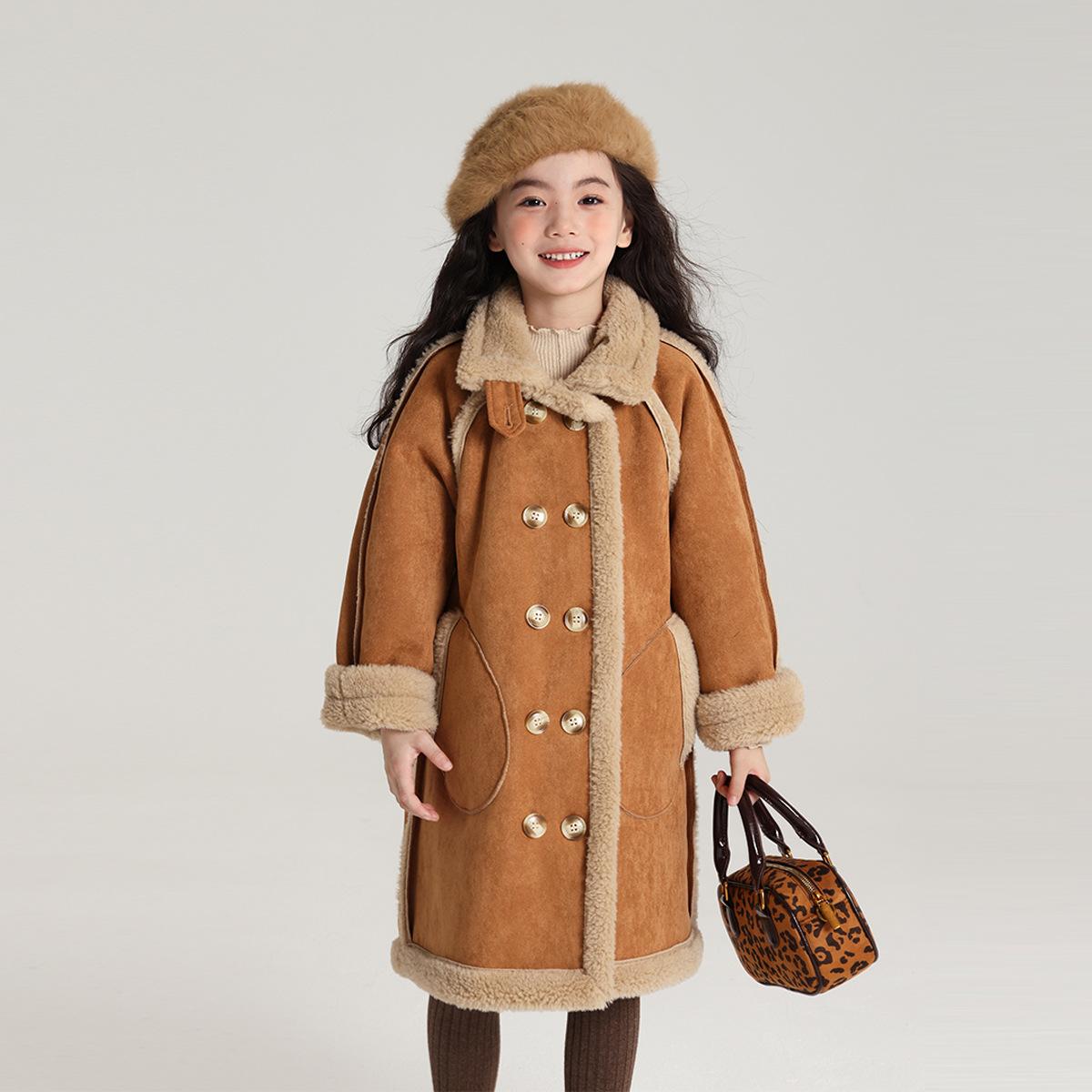 

Зимнее длинное двустороннее флисовое пальто для девочек, утепленная меховая верхняя одежда, теплая куртка 2-в-1 для детей, 3-13 лет 110 хаки