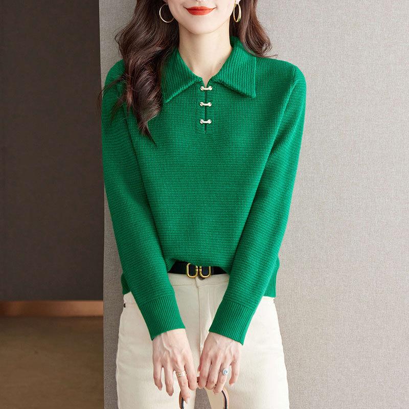 

Осенне-зимний женский трикотаж с воротником-поло, с длинными рукавами, модная рубашка-свитер One Size зелёный