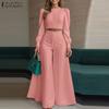 ZANZEA Women Long Sleeve Cropped Tops and Wide Leg Pants Casual Two Piece Suit Set