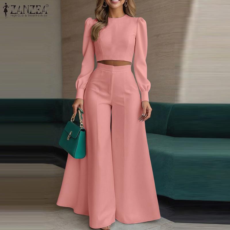 ZANZEA Women Long Sleeve Cropped Tops and Wide Leg Pants Casual Two Piece Suit Set