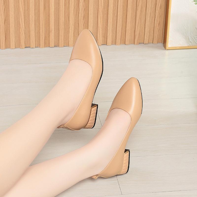 Pantofi damă de vară 2025 din piele moale cu toc gros, cu vârf ascuțit și toc mic, pantofi de birou albi pentru ținută de lucru, mărimi 35-41