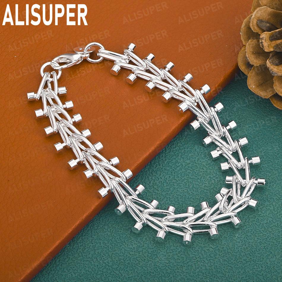 925 Sterling Silver Dumbbell-Shaped Side Chain Fashion Bracelet Gift Jewelry 20CM