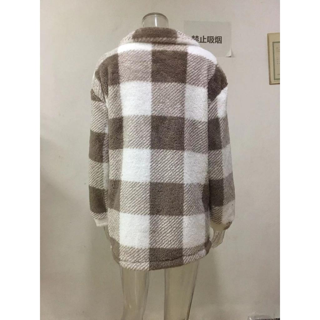 Dameklær Høst og Vinter med Lommer, Rutete Lammeullsjakke, Knappelukket Plysjjakke