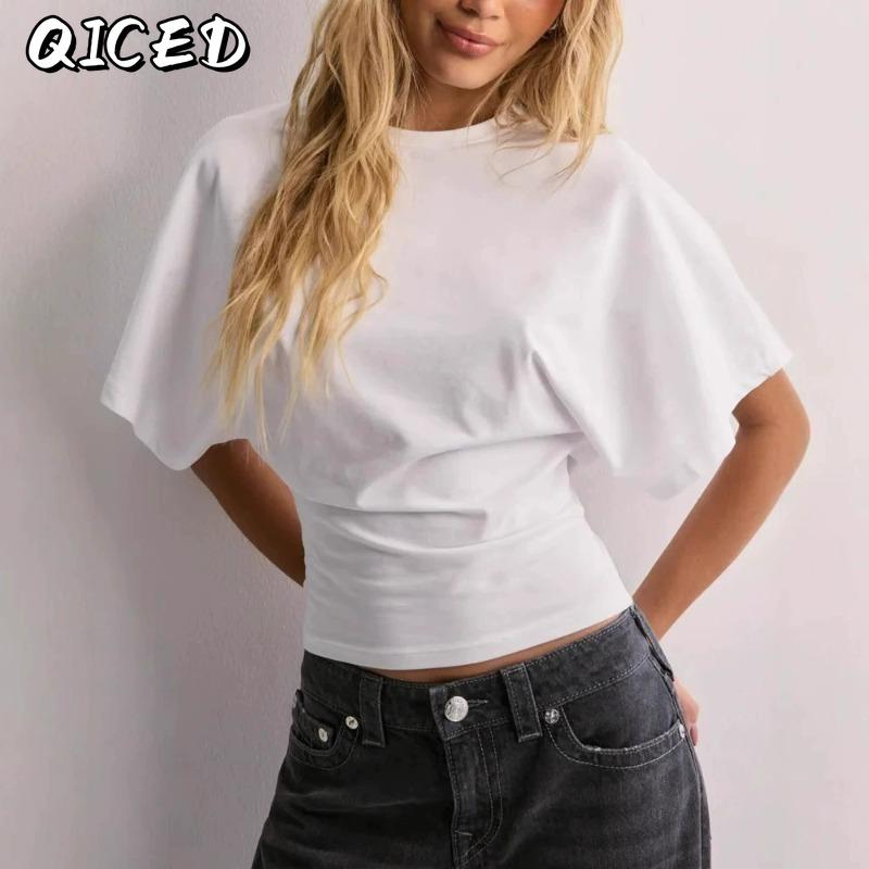 QICED Women's Fashion Casual Solid Color Print Short Sleeve O-Neck Blouses & Shirts