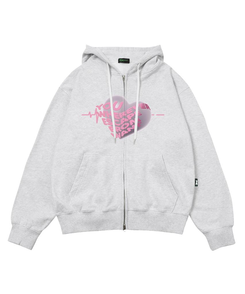 Escapefrom Pink Heartbeat Print Two-Way Zip-Up Hoodie White Melange