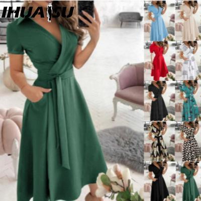 Women's Fashion Summer Spring Solid Color Print Short Sleeve V-Neck Casual Dresses