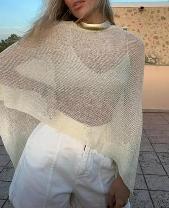 Leichter durchsichtiger Strickschal für Damen - Häkel-Netz Fledermausärmel Pullover Überwurf Strand Wickeltuch