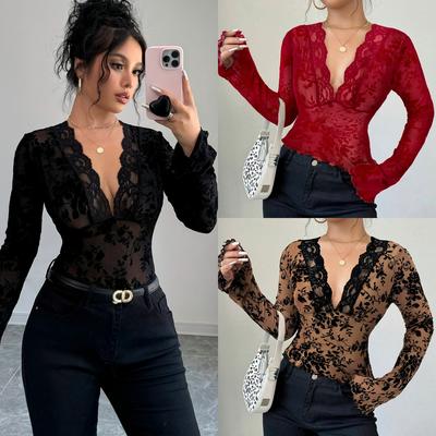 Camisetas de Primavera y Verano para Mujer con Cuello en V, Encaje Empalmado, Malla, Manga Acampanada, Tops para Mujer, Prendas de Moda Versátiles Esenciales para el Armario, Camisa