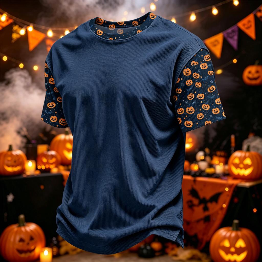 Herren Freizeit Corduroy Kurzarm T-Shirt Leicht Atmungsaktiv Rundhals Oberteil mit Halloween Print Ärmeln und Kragen Design