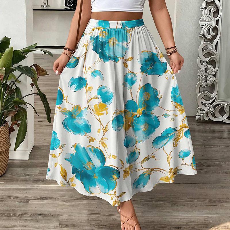 Vintage Floral Maxi Skirt Women High Waist A-Line Boho Resort Flowy Long Skirt