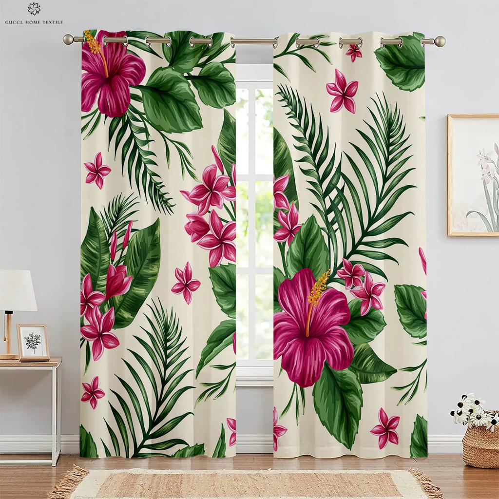 Geometric Green Leaves Tropical Vegetation 3D Printing Curtains, Black and White, Bedroom, Living Room, Window Decoration