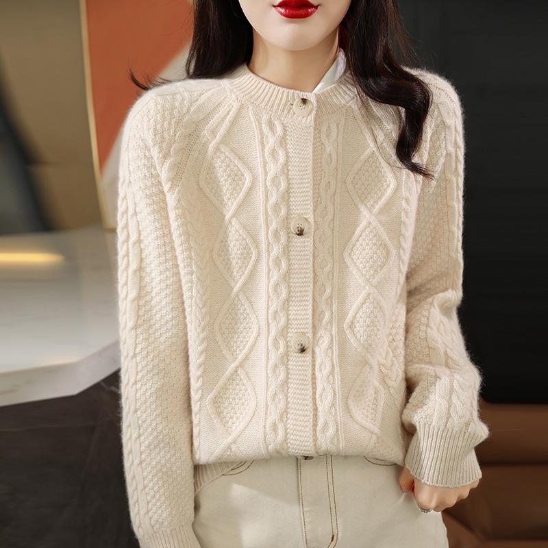 Chunky Knit Wool Women's Cardigan - Round Neck Solid Color, Diamond Plaid, Autumn/Winter Casual Jacket