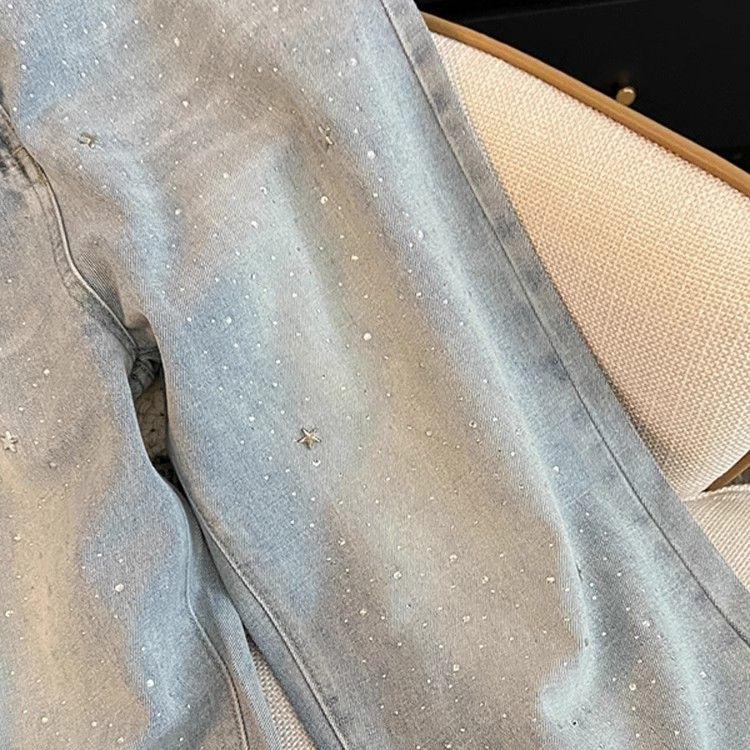 Damen Jeans mit hohem Bund, geradem Bein, lockere Denim-Hose, Stern Strasssteine, helle Waschung, Freizeit, dünn, Sommer, lange Hose