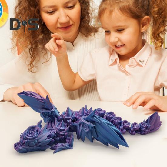 3D Printed Rose Dragon 8.46" Articulated Fidget Dragon Toy with Flexible Joints Desk Decor Winged Rose Dragon for Home Office School