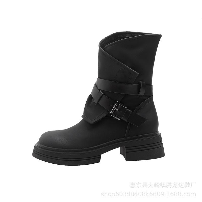 Leather side zipper platform Martin boots autumn and winter new retro thick heel western cowboy boots brown women's short boots